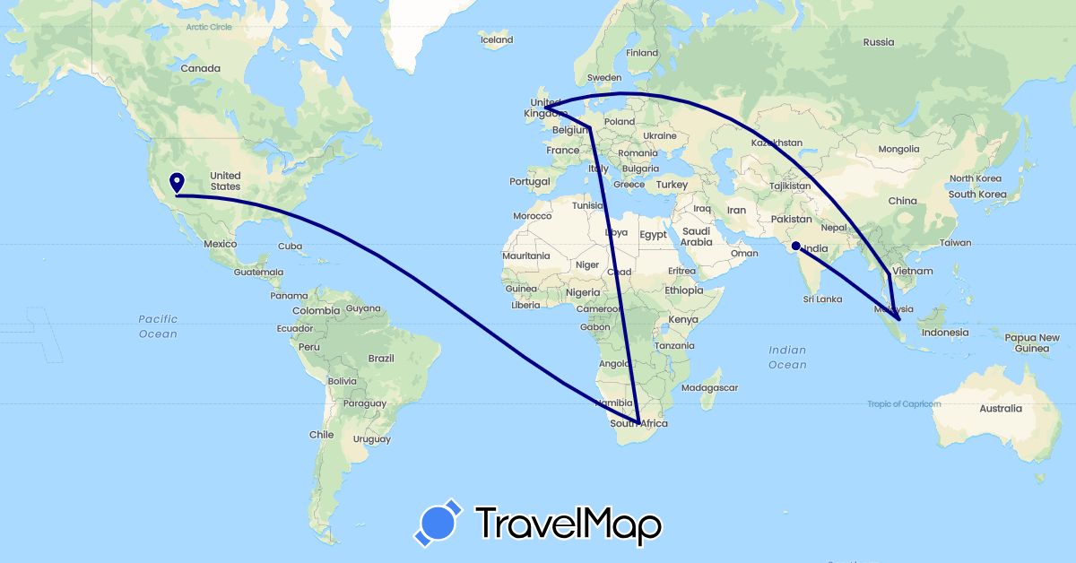 TravelMap itinerary: driving in United Kingdom, India, Malaysia, Singapore, Thailand, United States, South Africa (Africa, Asia, Europe, North America)